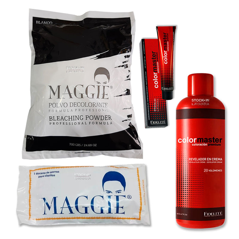 25 Tinturas Color Máster + 2 Oxidantes Color Master x 990ml + Polvo Decolorante Maggie + 12 Gorros para mechas Maggie