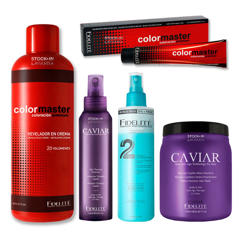 20 Tinturas ColorMaster + Oxidante x 990Ml. ColorMaster + Mascara Caviar x 1kg. + Bi Fase Fidelite + Protector Termico Caviar x 125ml.