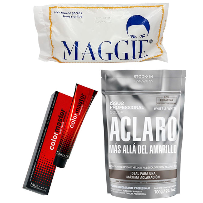 24 Tinturas Color Master + 1 Polvo Decolorante White&White Issue x700gr. +12 Gorros Maggie