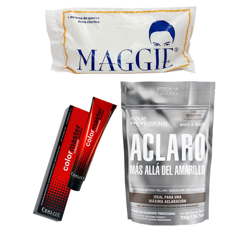 24 Tinturas Color Master + 1 Polvo Decolorante White&White Issue x700gr. +12 Gorros Maggie
