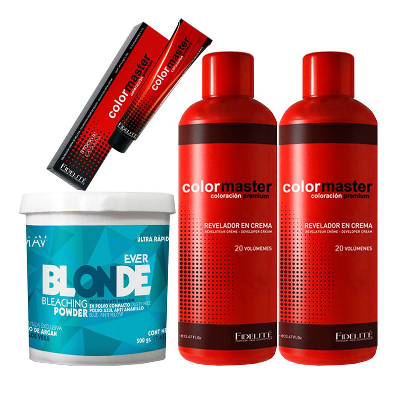 24 Tinturas Color Master + 2 Oxidantes + 1 Polvo Decolorante Ever Blonde x500 Grs.