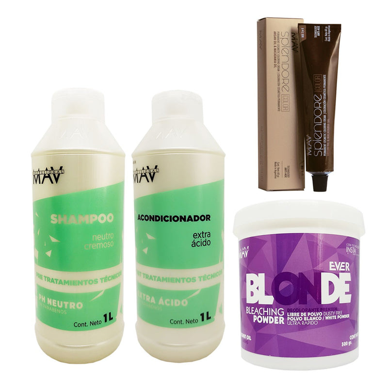 25 Tinturas Splendore + Polvo Decolorante Instaplex+ Shampoo Neutro + Acondicionador Acido  - MAV