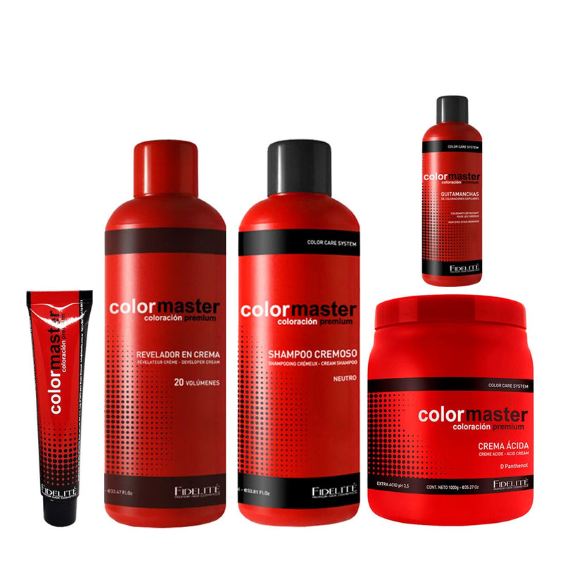 20 Tinturas + Oxidante x990ml + Shampoo Neutro x1 lt. + Quitamanchas + Mascara Extra Ácida x1kg - Color Master/Fidelite