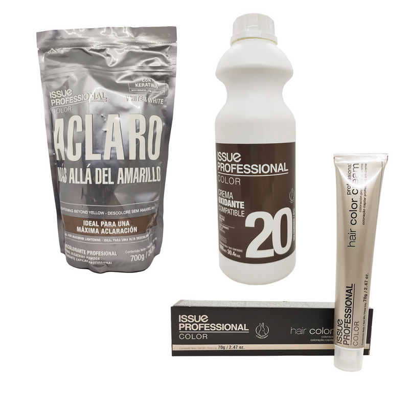 10 tinturas x 70 grs. + 1 Decolorante White&White x 700grs. + 1 Oxidante 20 Vol x 900 ml. - Issue Professional