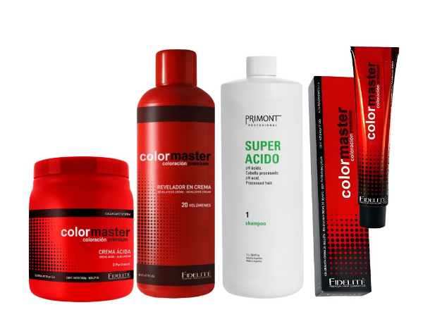 20 Tinturas Color Master + Oxidante Color Master x 900ml. + Shampoo Súper Ácido x 1 lt. Primont + Máscara Extra Ácida x 1 Kg. Color Master