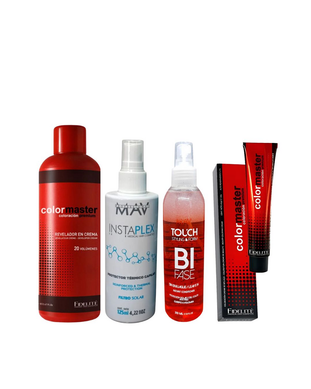 20 Tinturas Color Master + Oxidante Color Master + Bi Fase Touch x 210ml. + Protector termico Instaplex x12ml.