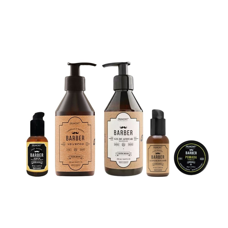 Kit Barber Primont – Shampoo + Acondicionador + Serum + Gel de Afeitar + Pomada
