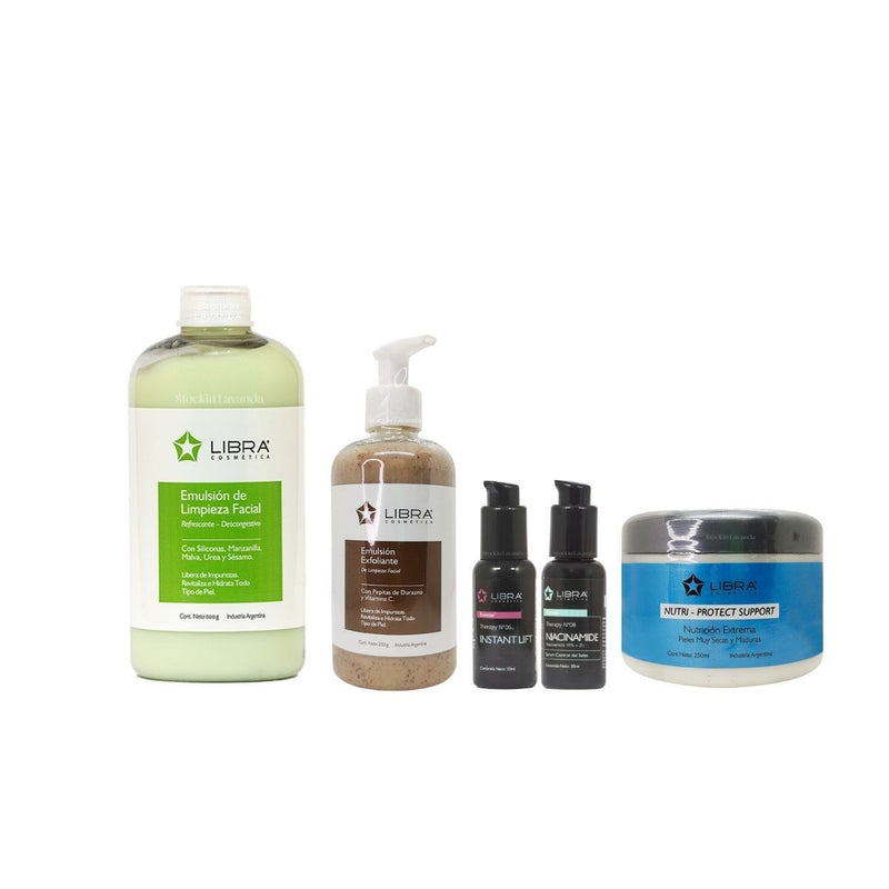 Emulsion de limpieza+2 serums + Crema nutri protect+Emulsion exfoliante -  Libra