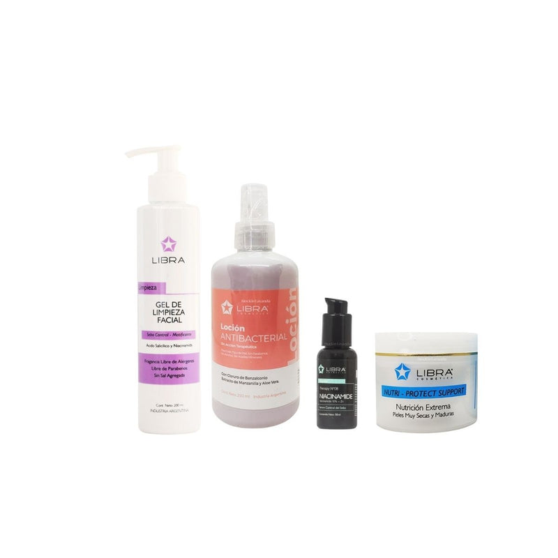 Gel de limpieza sebo control+Locion antibacterial+Serum+Crema nutri protect -  Libra