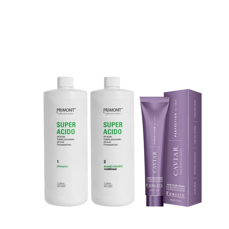 24 Tinturas Caviar x 60gr + 1 Acondicionador Acido x 1l + 1 Shampoo Acido x 1l - Primont