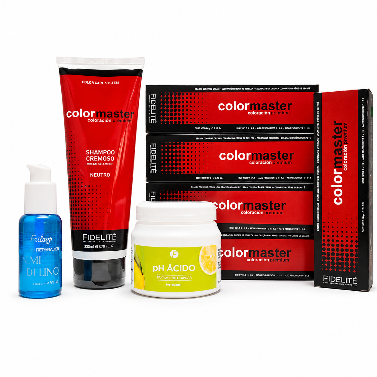 5 Tinturas Color master + 1 Shampoo Neutro x 230ml Fidelité + 1 Máscara Ácida x 240grs Frilayp + 1 Serum Lino x 50ml Frilayp