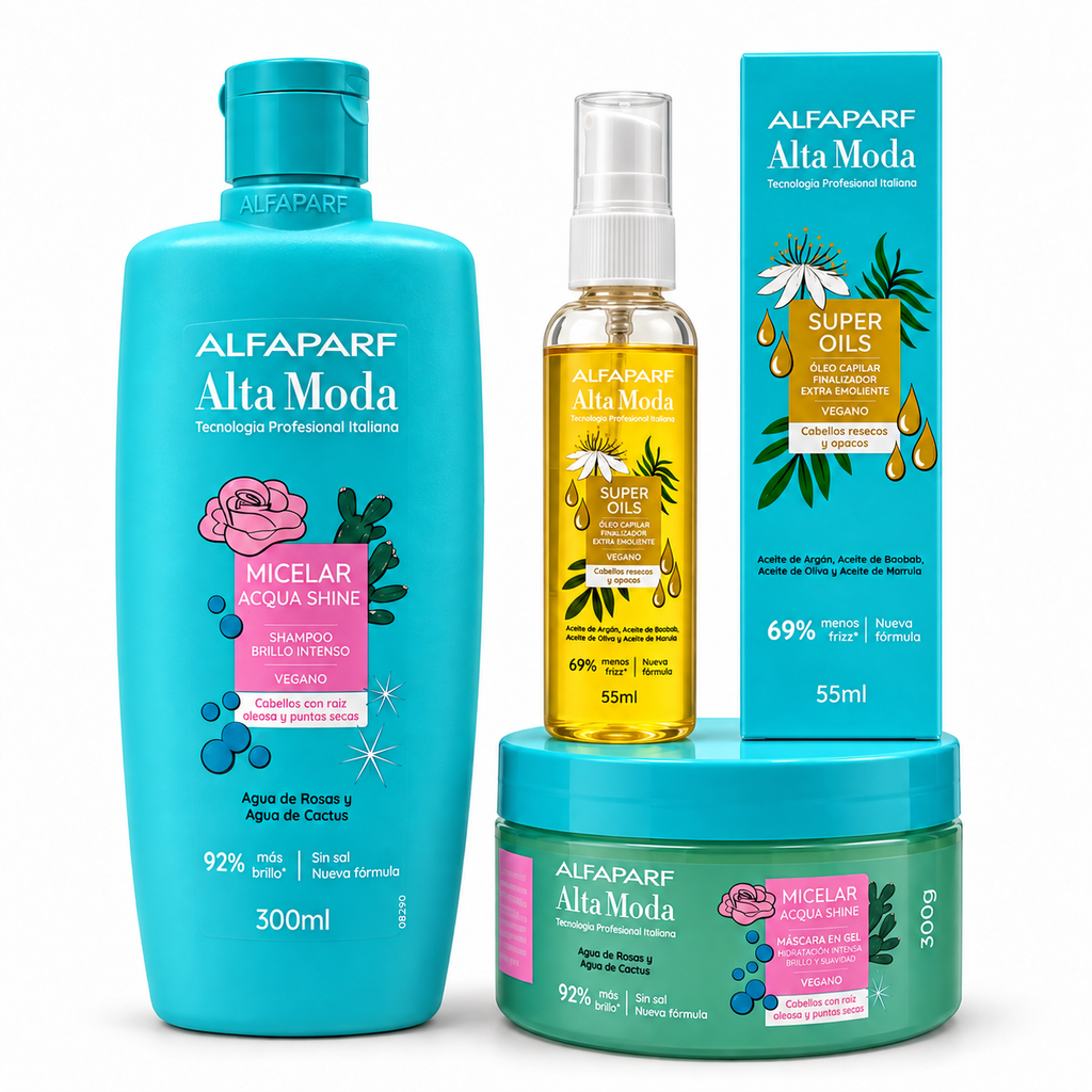 Kit Cabellos Secos y Opacos - Shampoo + Mascara Micelar Acqua Shine + Óleo Capilar Super Oils - Alta Moda