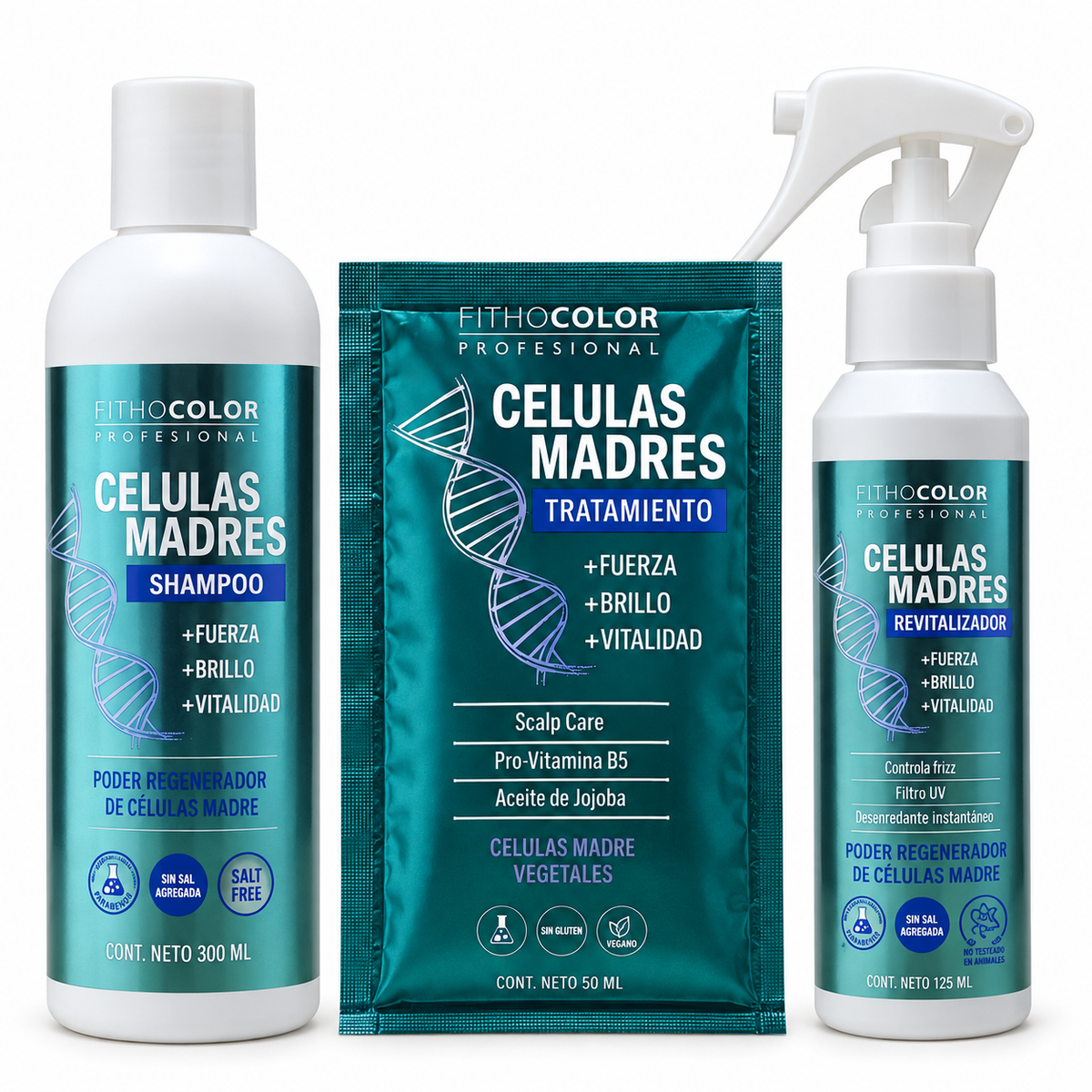 Kit Células Madres - Shampoo + Tratamiento + Spray Revitalizador - Fithocolor