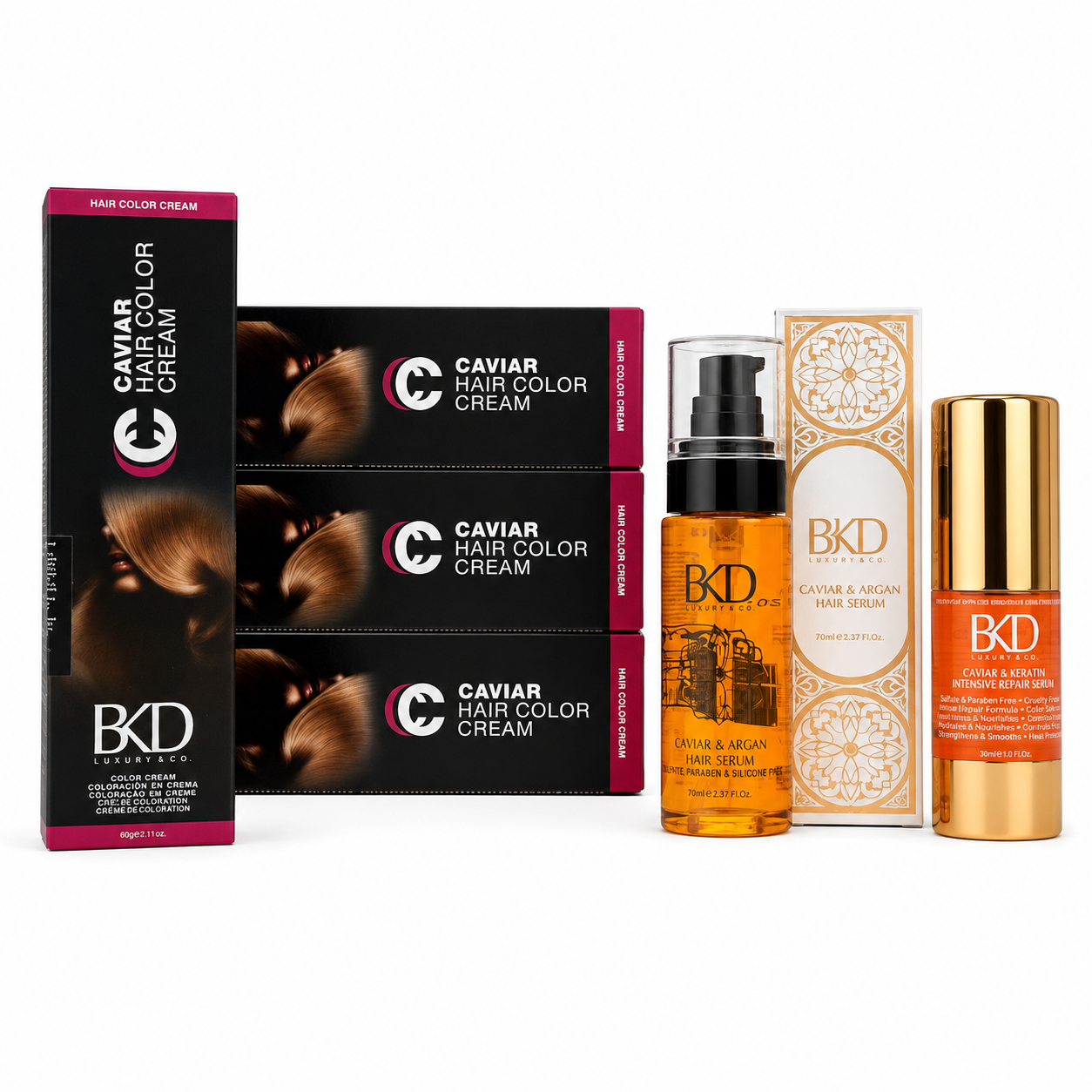 12 Tintura Caviar Color Cream X 60 gr. - Bkd + 1 Brillo Final Caviar & Argan X 75 ml - Bkd + 1 Serum Keratin Intensive X 30 ml - Bkd