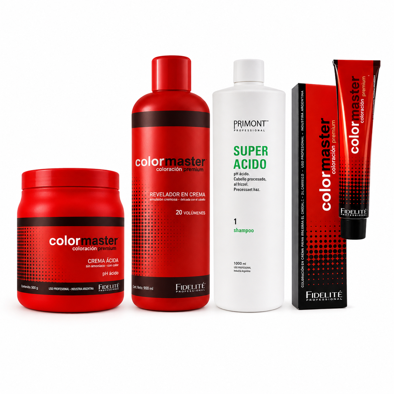 20 Tinturas Color Master + Oxidante Color Master x 900ml. + Shampoo Súper Ácido x 1 lt. Primont + Máscara Extra Ácida x 1 Kg. Color Master - Fidelité
