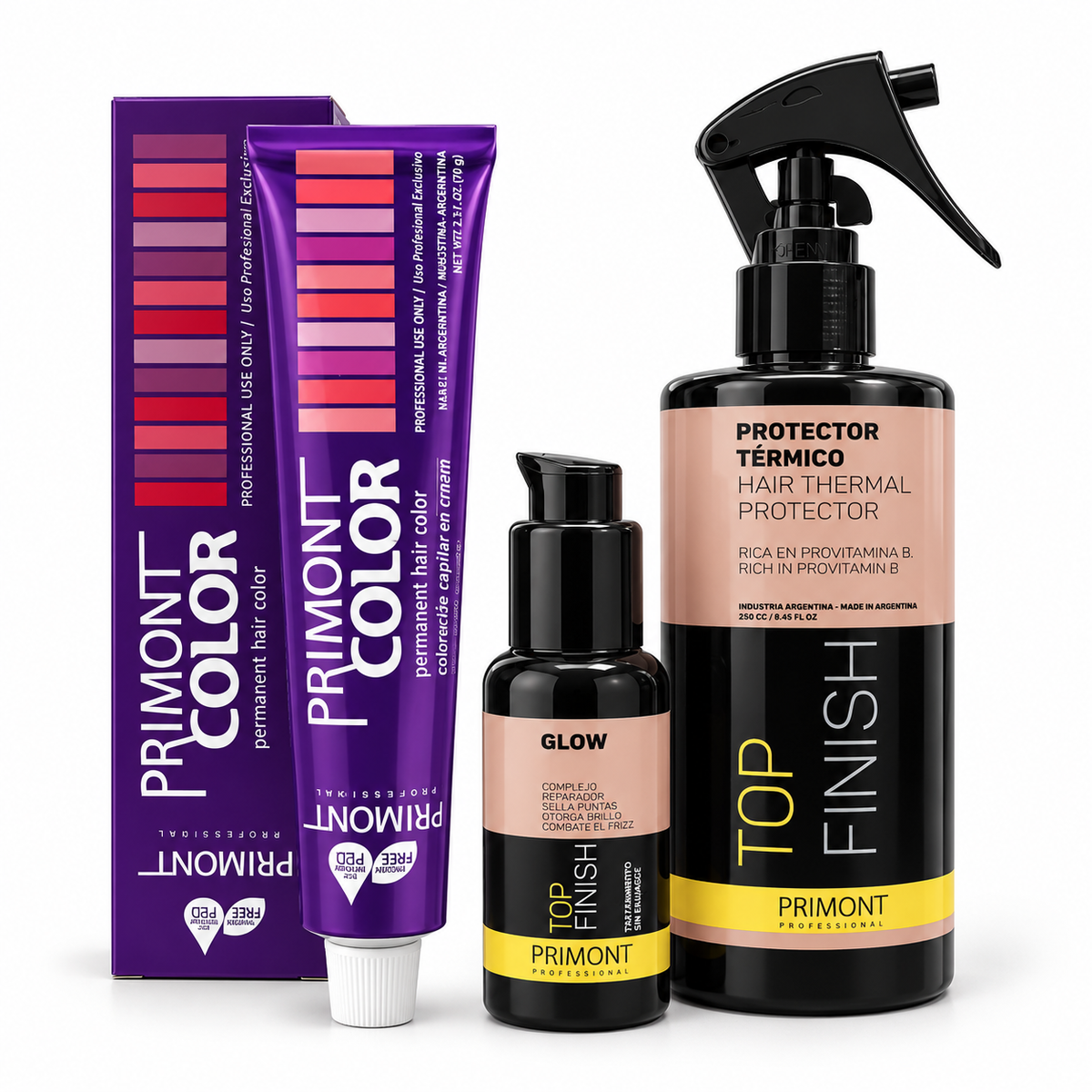 5 Tintura Color Plex X 60 Gr. + 1  Serum Capilar Glow X60cc - Top Finish  + 1 Protector Termico X 250 Cc. - Top Finish - Primont