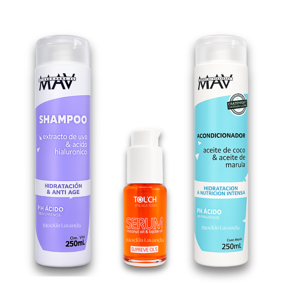 Kit Hidratacion - Shampoo Uva x250gr. + Acondicionador Coco x250gr. + Serum Touch - Mav