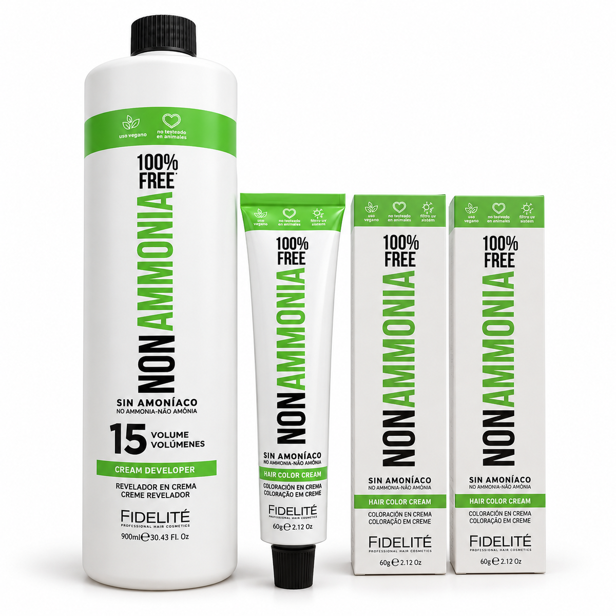 12 Tinturas Non Ammonia vegana x 60 gr. + 1 Oxidante Non Ammonia 15 Vol X 990 Ml. - Fidelite