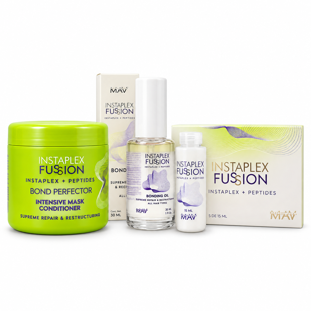 1 Serum Fussion X 30 ML + 1 Mascara Fussion X 250 Gr + 1 Caja Ampollas Fussion 12 Unid. X 15 Ml. - Mav Professional