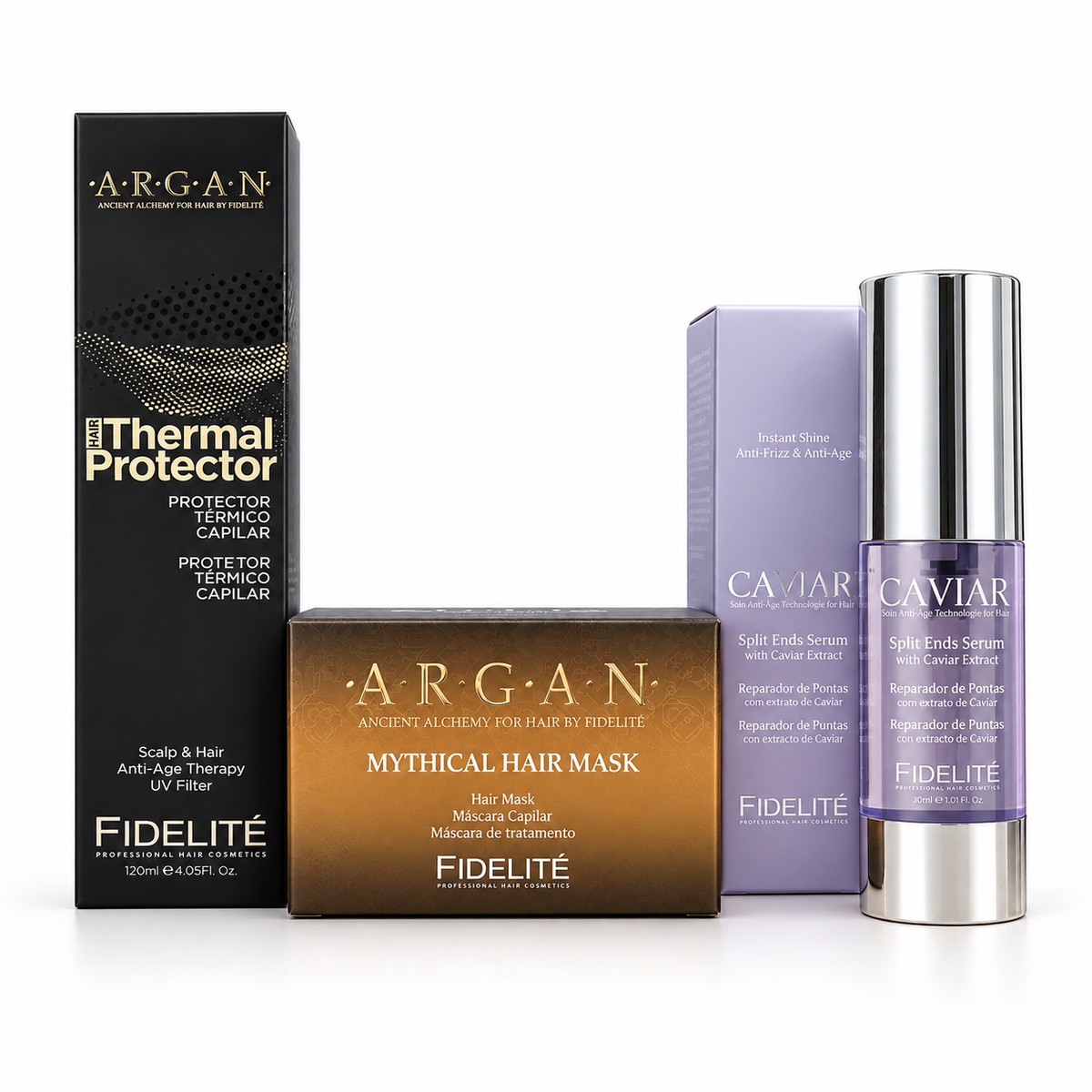 1 Protector Termico Argan X120 Ml. - Fidelite +  1 Mascara Argan X 250 Gr. - Fidelite + 1 Serum Caviar X30 Ml. - Fidelite