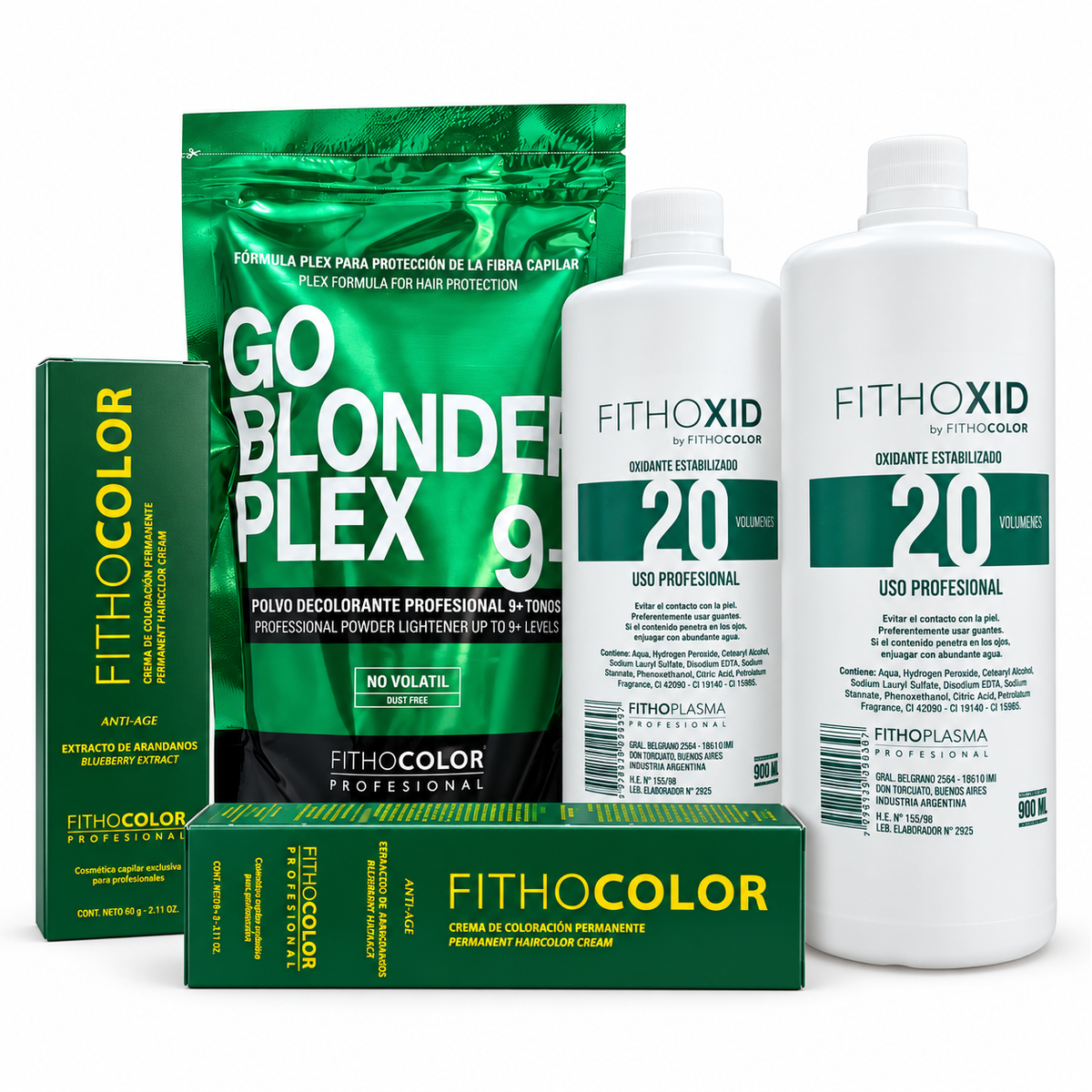 15 Tinturas Fithocolor + 1 Decolorante Go Blonde Plex + 2 Oxidantes 20 Vol Fithocolor