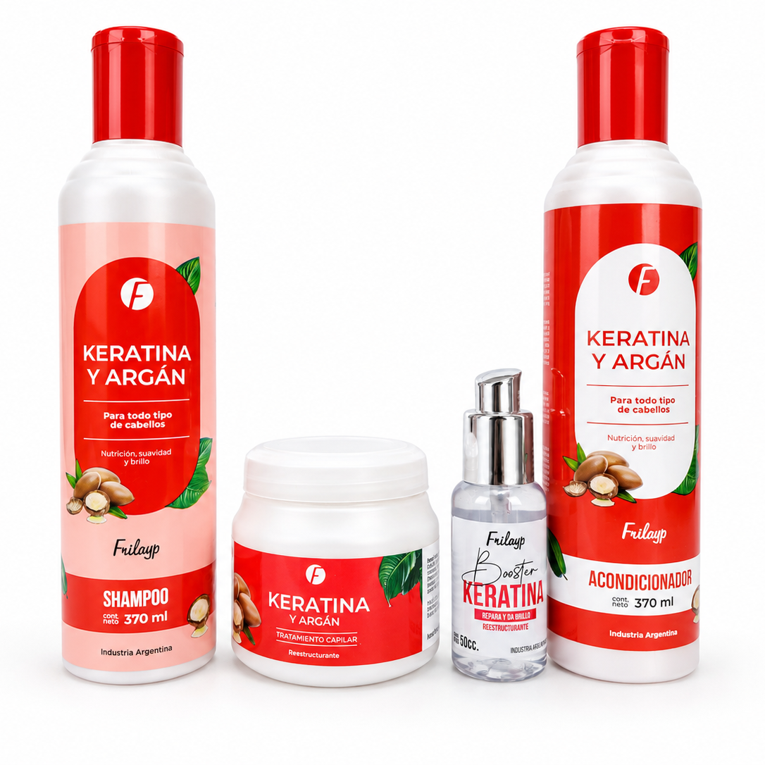 Combo Keratina & Argan - Shampoo + Acondicionador x370ml + Mascara x 240cc + Booster x 50ml - Frilayp