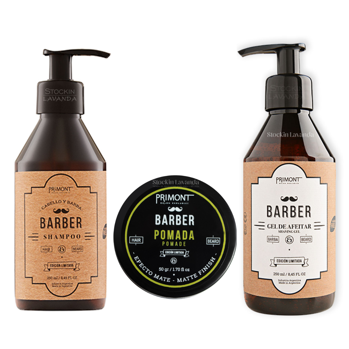 Shampoo Barber + Pomada Barber + Gel de afeitar Barber - Primont