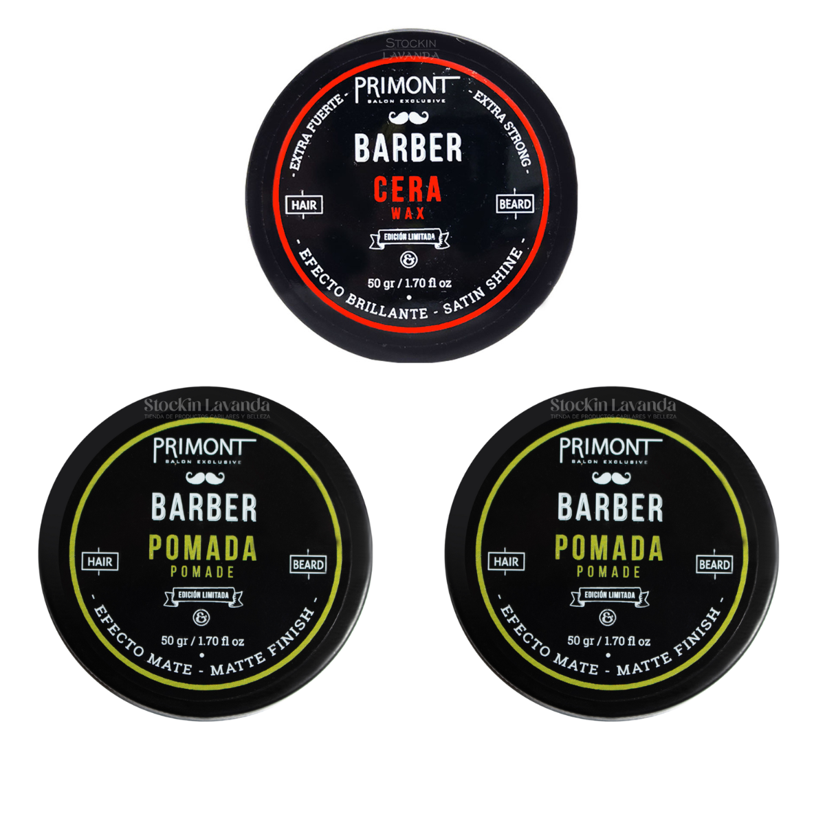 2 Pomadas Mate Barber x50cc + 1 Cera Brillante Barber x50cc - Primont