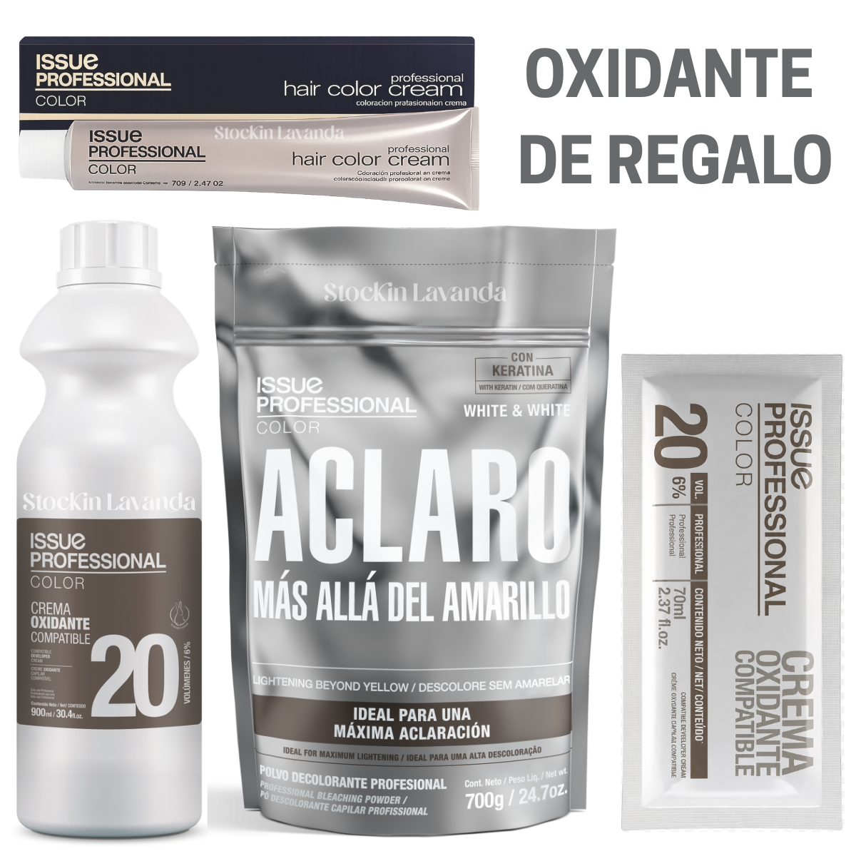 10 tinturas x 70 grs. + 1 Decolorante White&White x 700grs. + 1 Oxidante 20 Vol x 900 ml. - Issue Professional