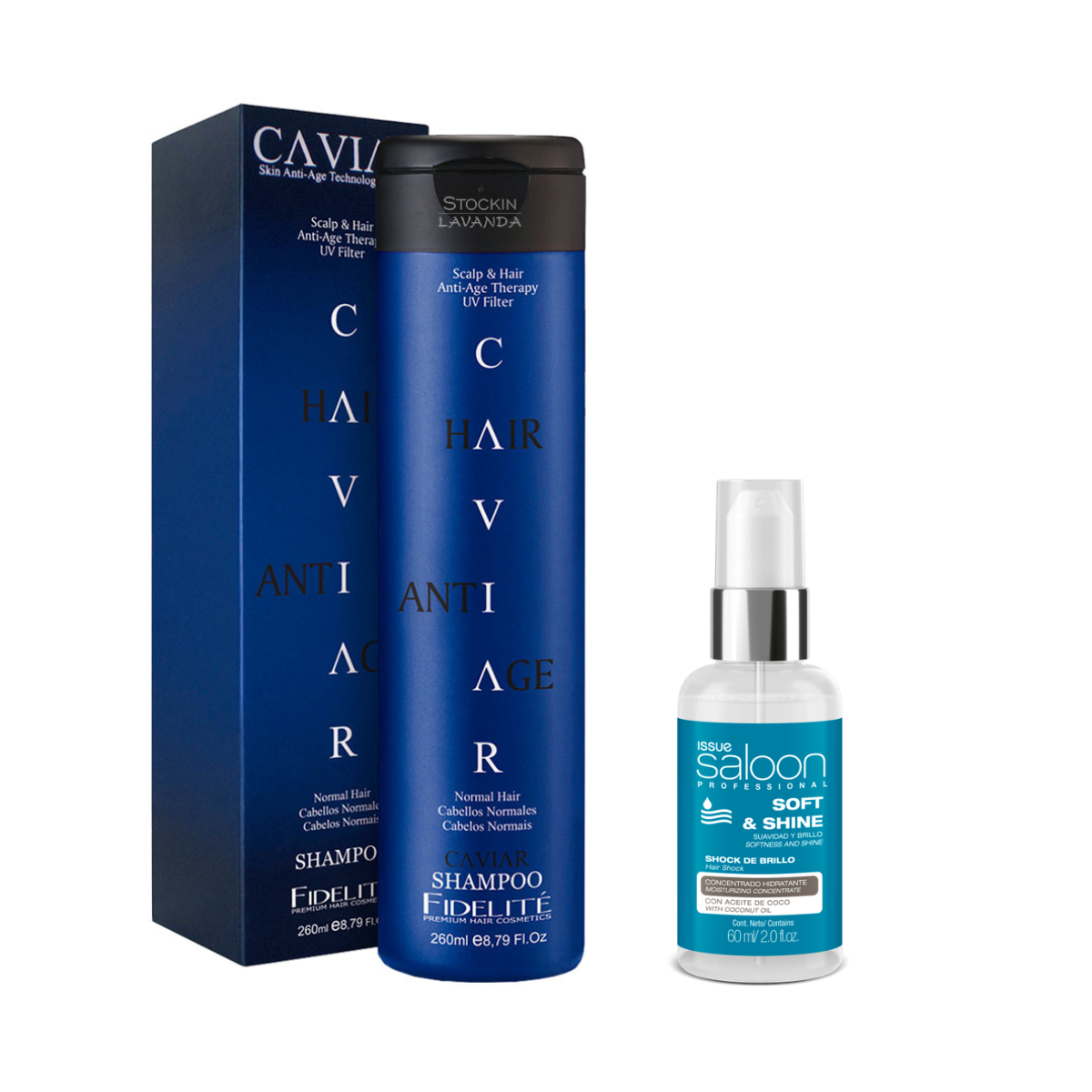 Shampoo cabellos normales x260 Ml. - Caviar - Fidelité+Shock de Brillo Soft & Shine X 60ML. - Issue Professional