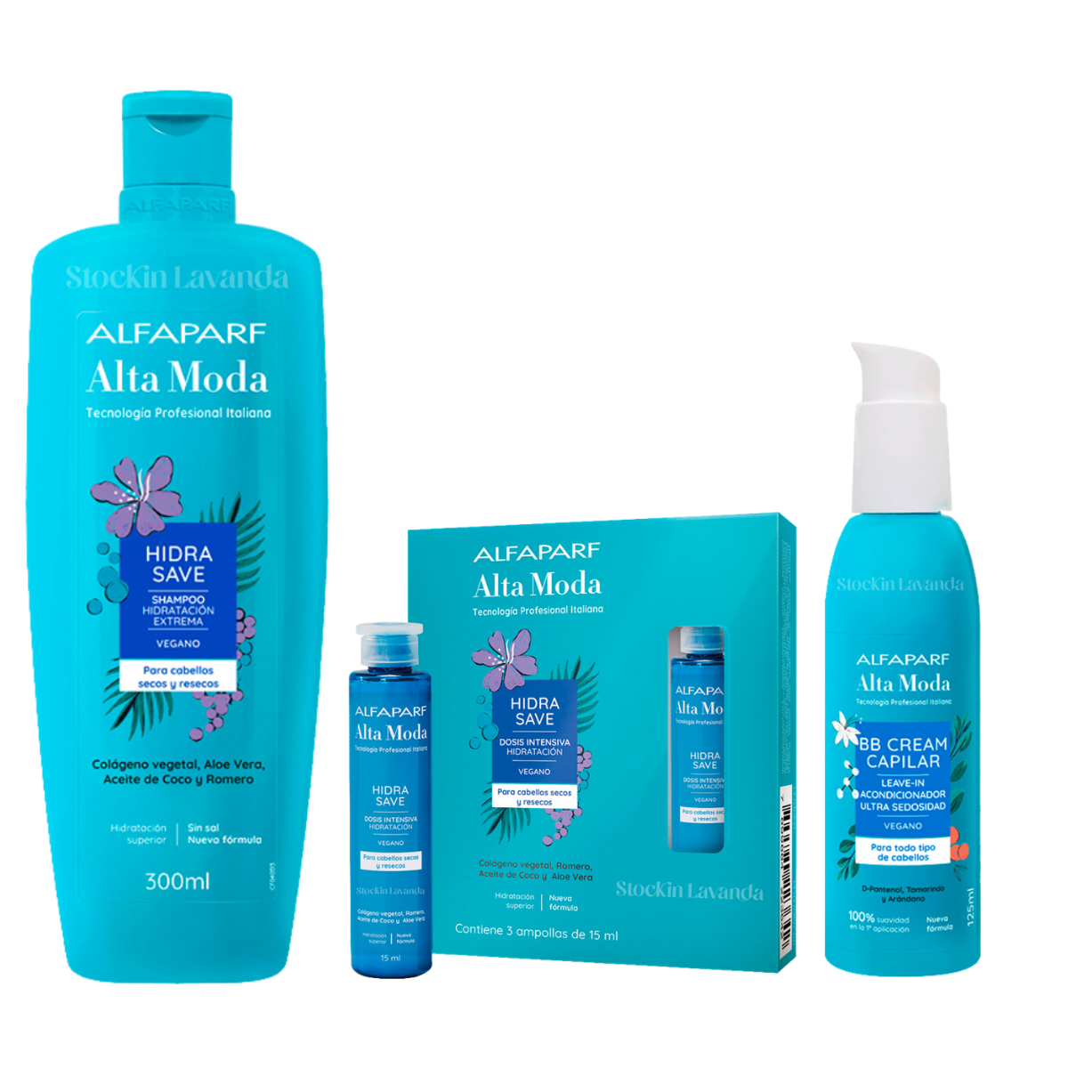 Shampoo Hidra Save x 300ml +Ampollas Hidra Save 3unid. x15 ml.+Crema De Peinar BB x 125ml- Alta moda