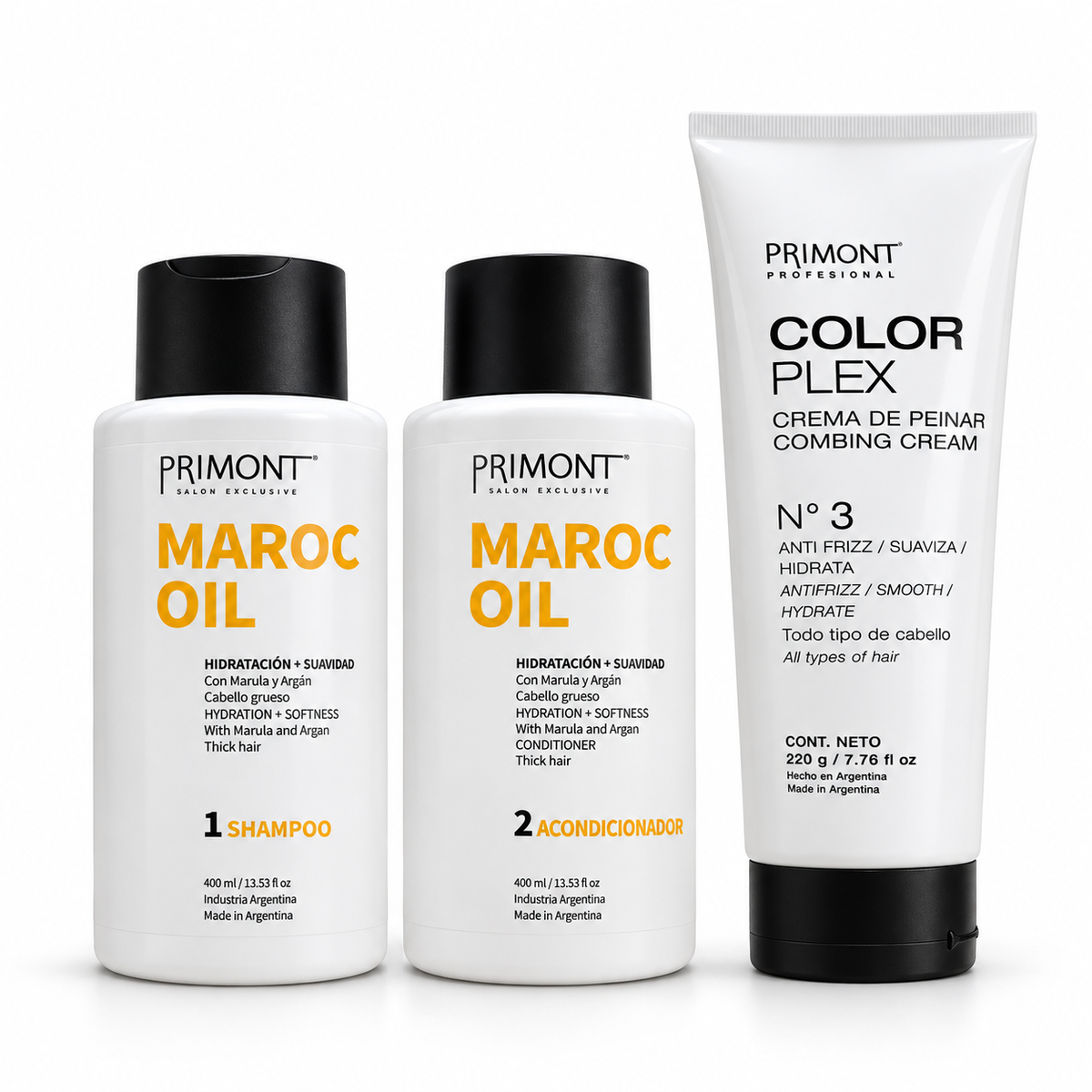 1 Shampoo Maroc Oil X 400 Ml. + 1 Acondicionador Maroc Oil X 400 Ml. + 1 Crema De Peinar Color Plex Nº3 X 220ml. - Primont