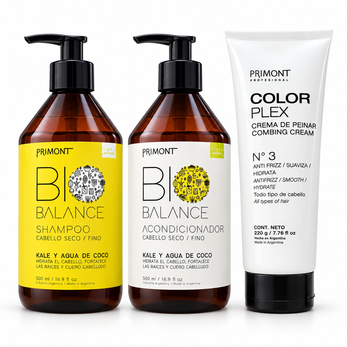 1 Shampoo Kale y Coco X 500ml + 1 Acondicionador Kale y Coco X 500ml +  1 Crema De Peinar Color Plex Nº3 X 220ml. - Primont