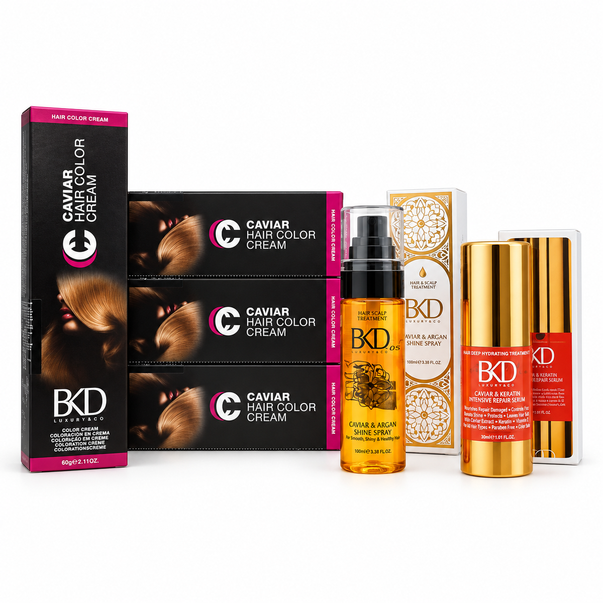 12 Tintura Caviar Color Cream x 60 gr. - Bkd + 1 Brillo Final Caviar & Argan x 75 ml - Bkd + 1 Serum Keratin Intensive x 30 ml - Bkd
