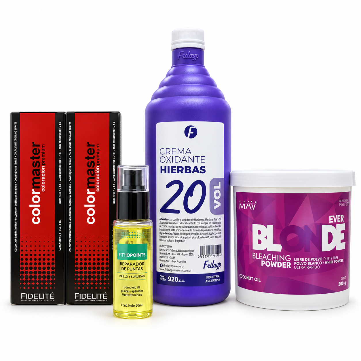 12 Tinturas Color Master x 60 Gr. - Fidelite + 1 Oxidante 20 Vol x 920 Cc - Frilayp + 1 Polvo Decolorante Instaplex x 500gr.-EverBlonde-Mav + 1 Reparador de Puntas Fithopoint x 60ml - Fithocolor