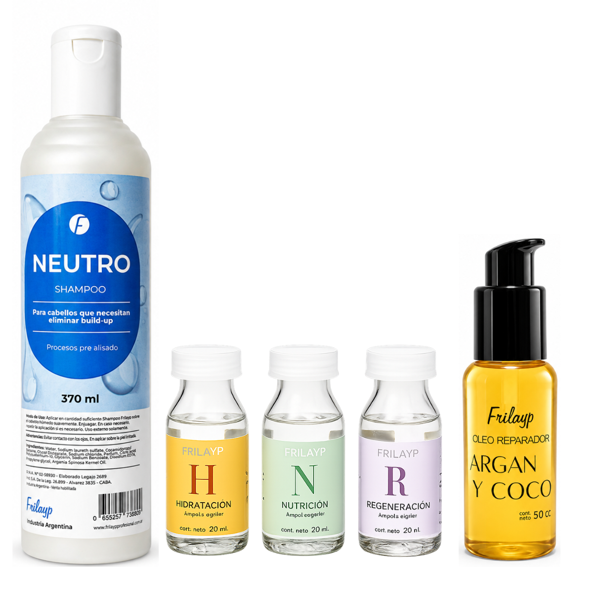 Kit cuidado capilar - Shampoo neutro x370ml + 3 ampollas + Serum Argan y Coco x50cc - FRILAYP