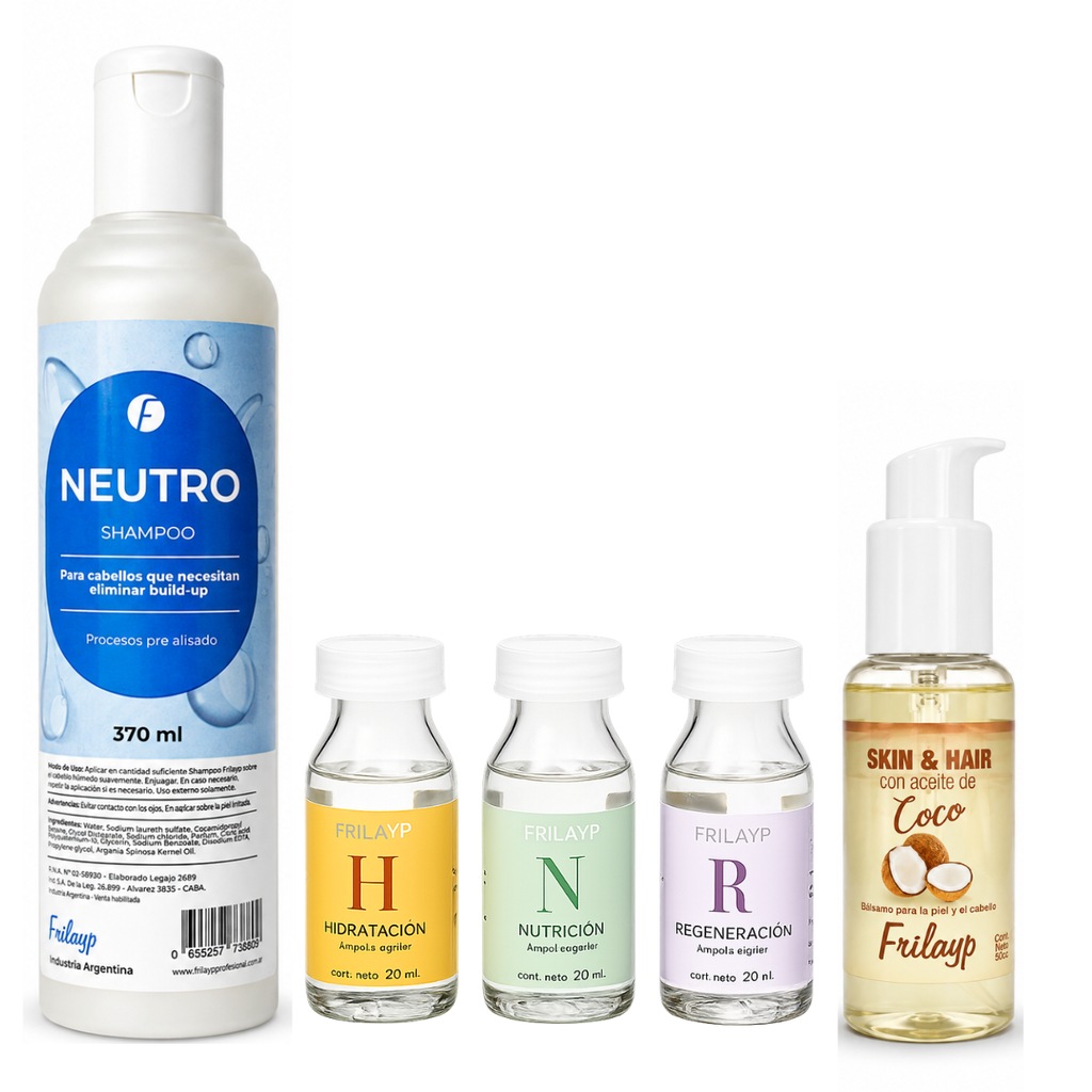 Kit cuidado capilar - Shampoo neutro x370ml + 3 ampollas + Balsamo Skin & Hair Coco x50cc - FRILAYP