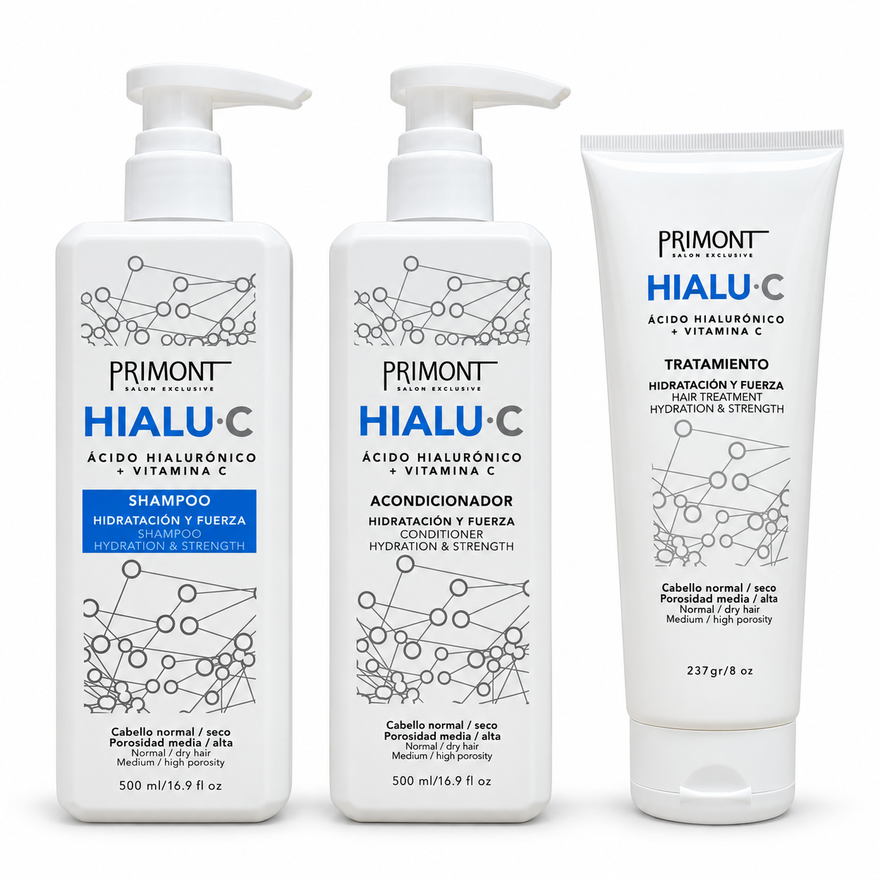 1 Shampoo Hialu C X500ml - Primont + 1 Acondicionador Hialu C X 500 Ml. - Primont + 1 Tratamiento Hialu C X 237 Gr. - Primont