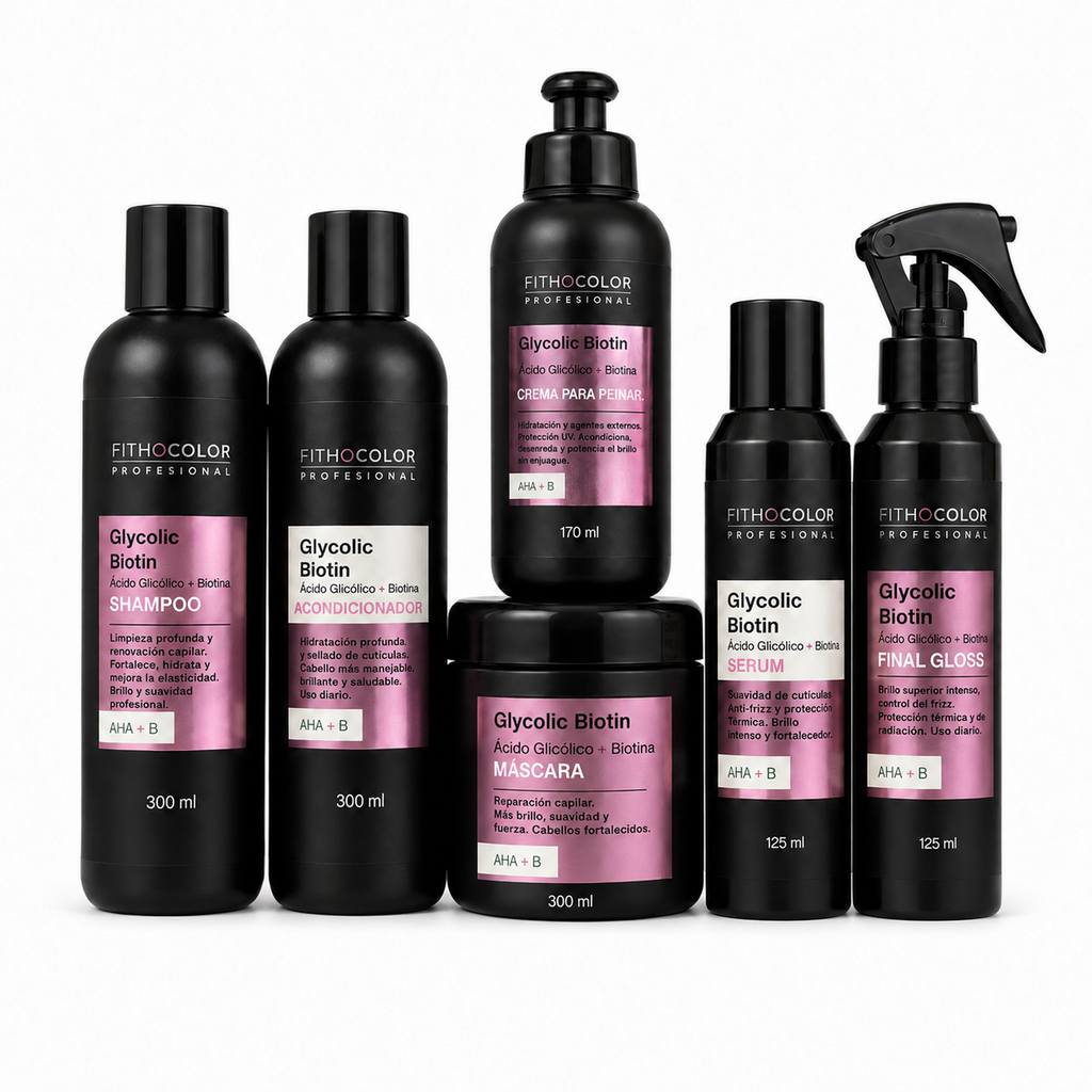 Kit Glycolic Biotin - Shampoo + Acondicionador + Mascara + Crema de peinar + Serum + Brillo final - Fithocolor