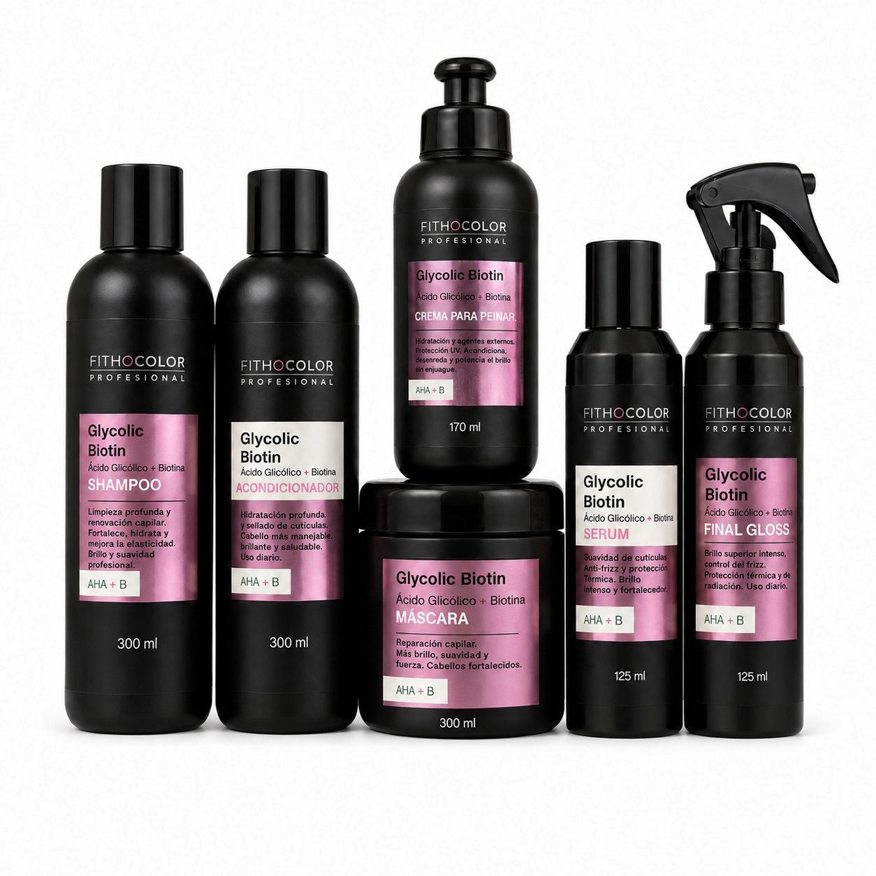 Kit Glycolic Biotin - Shampoo + Acondicionador + Mascara + Crema de peinar + Serum + Brillo final - Fithocolor