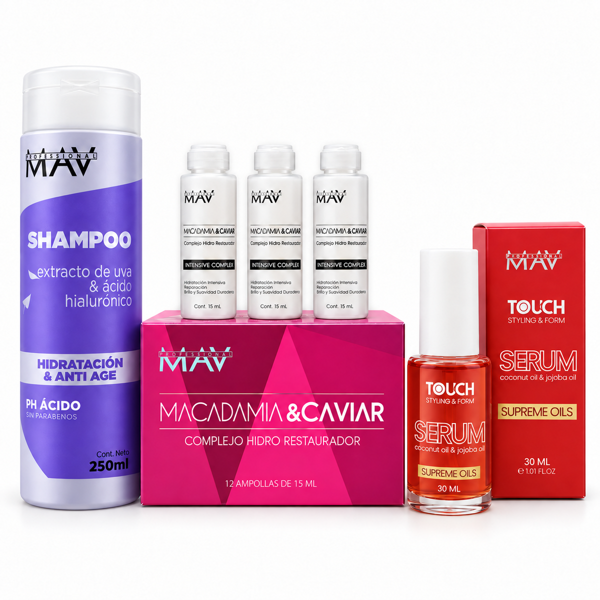 Kit Hidratación & Reparación – Shampoo + Ampollas Macadamia & Caviar + Serum Supreme Oils - MAV